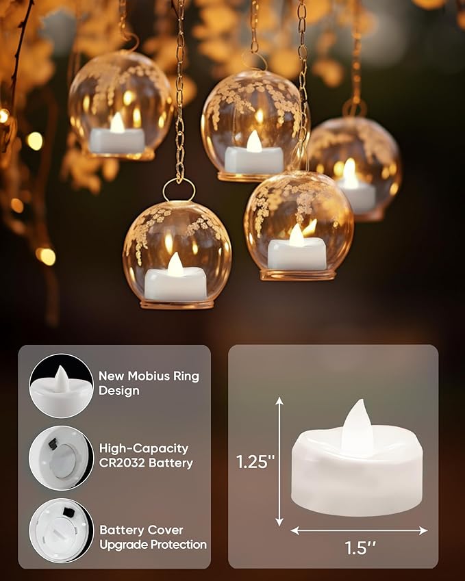 LED Candles, Tea Lights Candle Battery Operated, 24-Pack 200+Hours Flameless Tealight Candle, Realistic Tea Lights for Halloween Christmas Wedding, Pure White Light