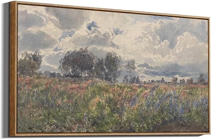 InSimSea Extra Large Framed Vintage Wall Art, Living Room Farmhouse Decor, Watercolor Flower Sky Field Landscape Paintings Canvas Prints, Scenery Long Picture for Bedroom Above of Bed,20x40inch