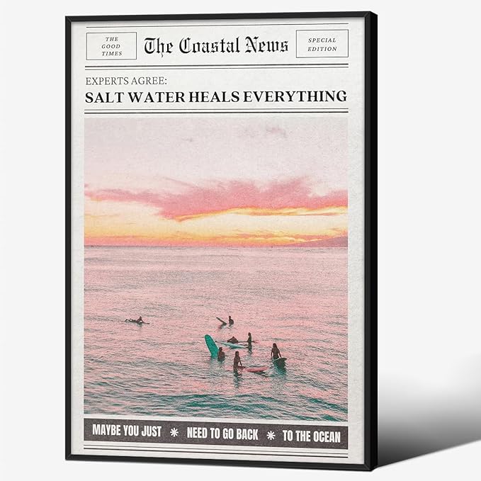 Pink Beach Newspaper Posters Vintage Fashion Coastal Girl Surf Wall Art 16X24