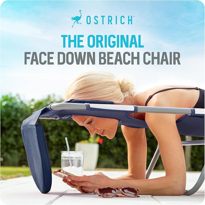 Ostrich the Backpack Chaise Lounge, Folding & Reclining Outdoor Beach Chaise Lounger Chair for Lawn, Pool, Patio, Garden, and Yard, Blue Stripe
