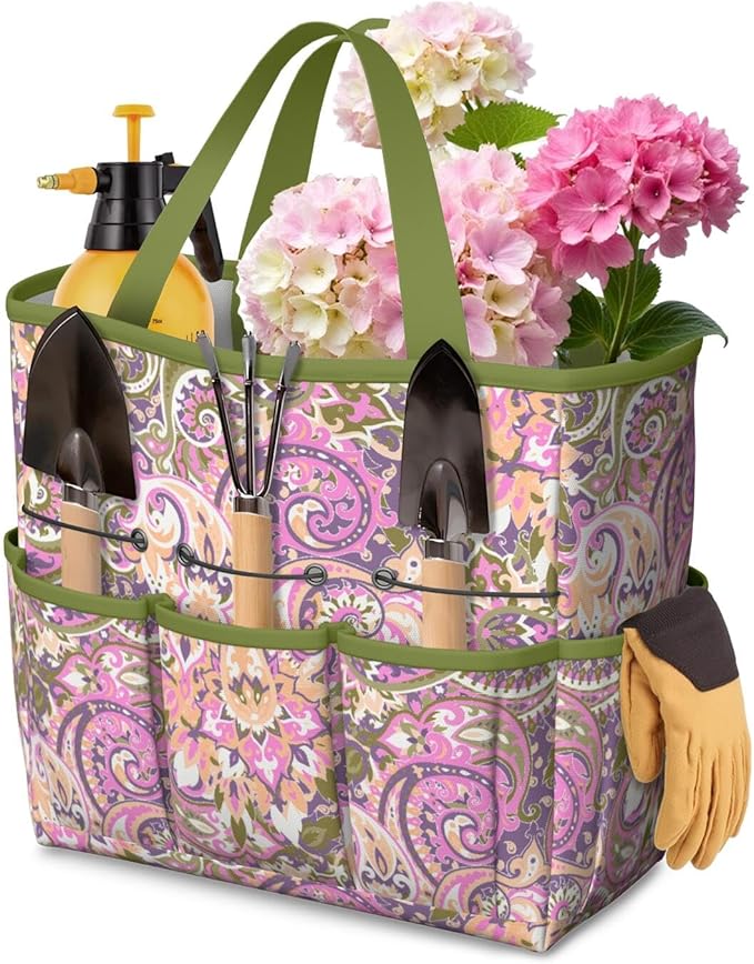 Paisley Garden Tool Bag - Waterproof Garden Tote with 8 Pockets, Large Storage Home Organizer Gardening Tool Oxford Bag for Garden Tools Kits Holder, Ideal Outdoor Gardening Gift for Women & Men