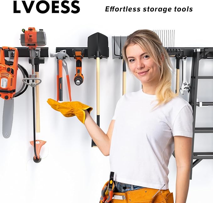 64'' Garage Tool Organizer Wall Mount, 620lbs Heavy Duty Metal Storage Rack | Adjustable Hooks Garden Tool Organization System | Anti-Rust Shed Rack for Hanging Shovel, Rake, Broom, Snowboard