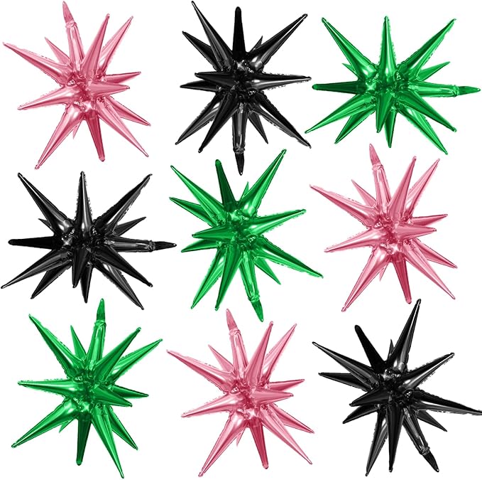 Pink Green Black Star Balloons,9Pcs 22Inch Pink Green Explosion Spike Cone Helium Star Foil Balloons for Witch Birthday Anniversary Disco Party Decorations