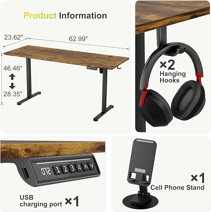 Furmax Electric Standing Desk, 63 x 24 Inches Sit Stand up Desk, Sit Stand Height Adjustable Home Office Desk with 4 Height Position Memory - with Splice Board (Rustic Brown, 63)