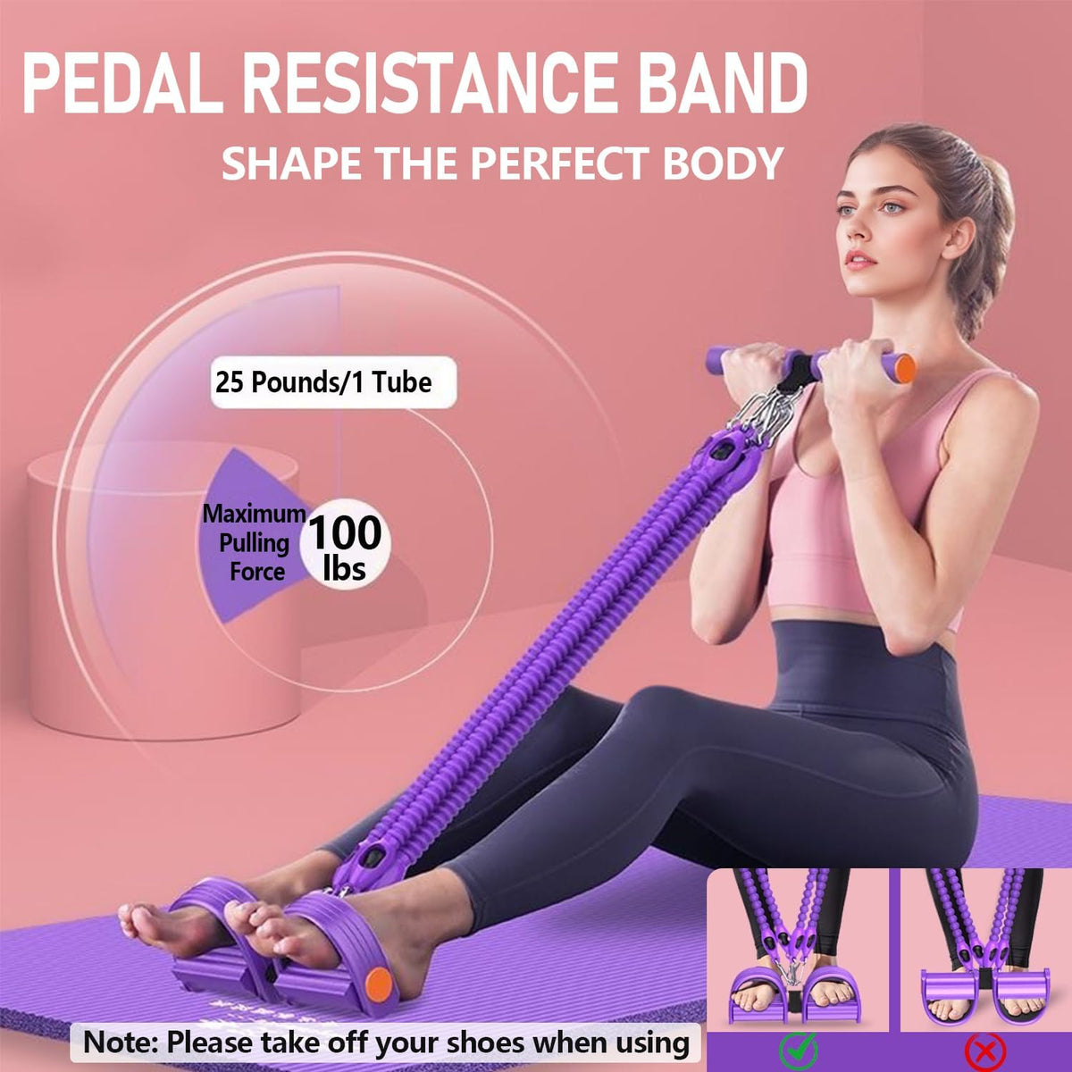 Skiennix Adjustable Foot Pedal Resistance Band - 4-Tube Ankle Puller for Full Body Workout | Purple