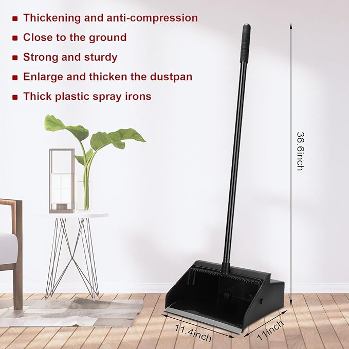 Leumoi 8 Pcs Dust Pans with Long Handle Set 36.6 Inch Commercial Dust Pan with Comb Large Plastic Stand up DustPans for Outdoor Indoor Restaurant Home Office Floor Cleaning (Black)