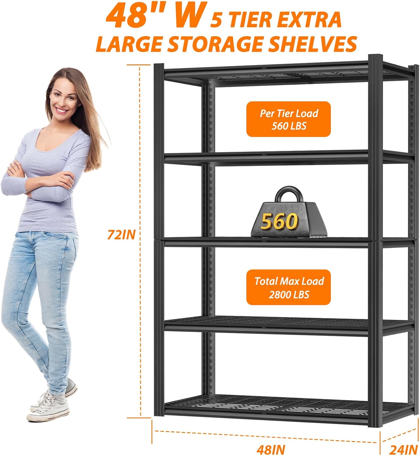 Garage Shelving, Storage Shelves Heavy Duty 2800 LBS Capacity, 5 Tier Adjustable Metal Organizer Wire Rack, 48" L x 24" W x 72" H Utility Shelf Unit for Kitchen Pantry