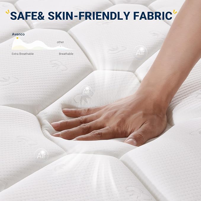 Avenco 6 Inch Queen Size Mattress, Foam and Spring Hybrid Mattresses in a Box, Medium Soft, Breathable Fabric & Adaptive Support, CertiPUR-US Certified, Queen Mattress in Guest and Kids Bedroom