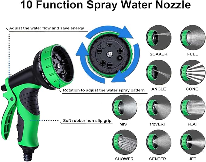 Non-Expandable Garden Hose 50FT, Heavy-Duty Flexible Water Hose, No-Kink Design with 10-Pattern Spray Nozzle, Solid Brass Connectors, Leak-Proof, Includes Hose Hanger & Extra Washers (100FT)