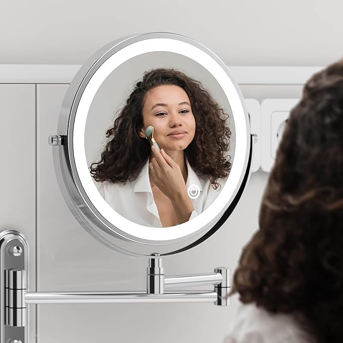 Rocollos Rechargeable Wall Mounted Lighted Makeup Mirror, 8 Inch Double-Sided