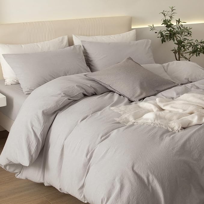 JIYUAN 100% Washed Cotton Duvet Cover Set 3 Pieces Super King, 1 Duvet Cover 108x98 Inches(Comforter Not Included) and 2 Pillowcases,Linen Feel Bedding Set Comfy and Breathable, Heathered Cream Grey