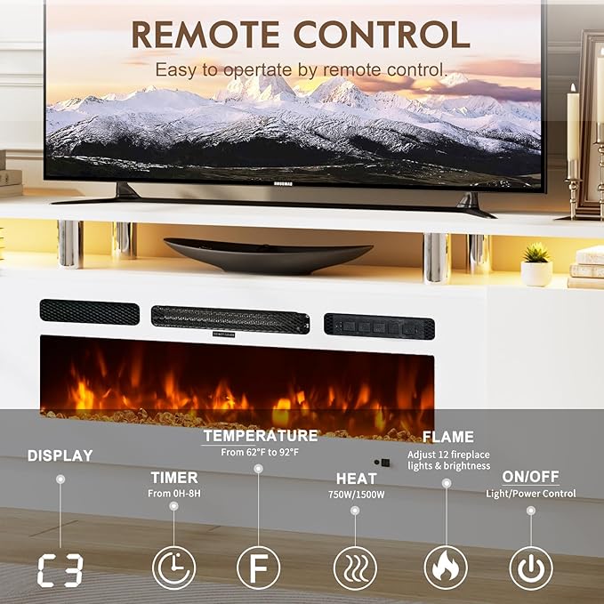 80" Entertainment Center & TV Stand, Modern Media Console with Storage Cabinet, Fits TVs up to 90", Living Room Furniture, 36" Electric Fireplace (All White)