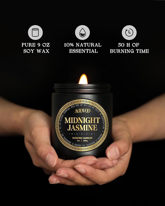 AOOVOO Scented Candles for Men - Midnight Jasmine Candles for Home Scented | Crackling Wood Wick Soy Wax| Strong Fragranced Masculine Black Gift for Women & Men, 9oz