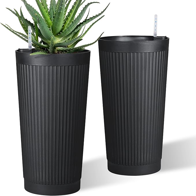TUYOHW Self-Watering 24in Plastic Round Planter with Vertical Ribbed Design – Indoor Outdoor Flower Pot for Plants, Herbs, and Small Trees, Set of 2