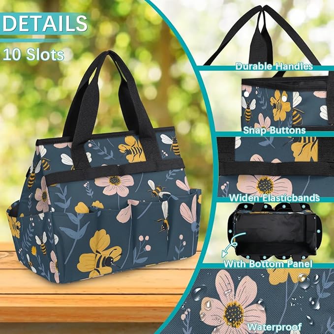 Garden Tote Bag with Pockets Bee Flower Gardening Bags for Tools Organizer Heavy Duty Storage Bag with Handle for Lawn Yard Casual