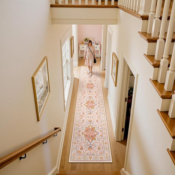 Area Rugs 2'x10' Runner Rug Non Slip Washable for Kitchen Hallway Bedroom Beside Laundry Room Bathroom Rug, Floor Carpet, Light Pink Colorful