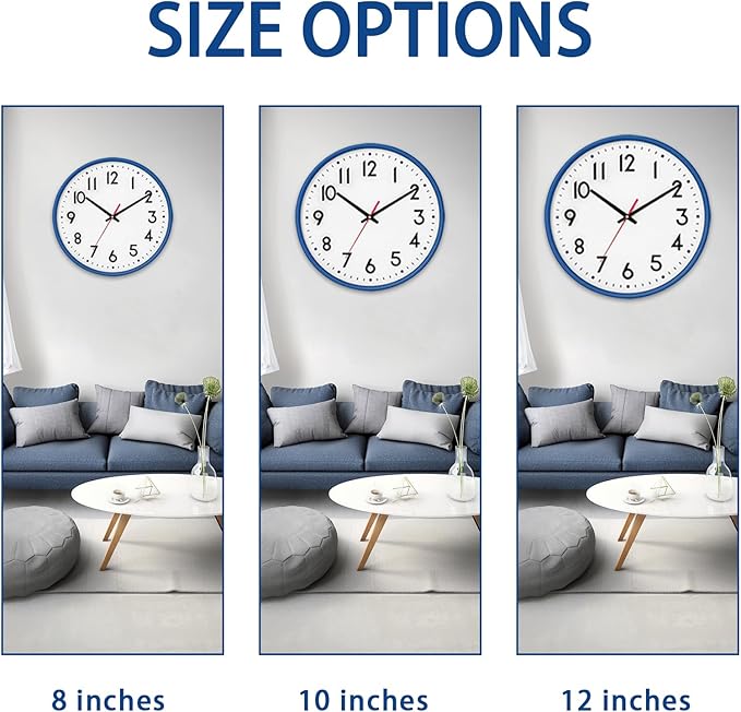 HZDHCLH Wall Clock Blue, Silent Wall Clocks Battery Operated 12 Inch Modern Non