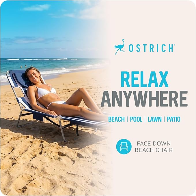 Ostrich the Backpack Chaise Lounge, Folding & Reclining Outdoor Beach Chaise Lounger Chair for Lawn, Pool, Patio, Garden, and Yard, Blue Stripe