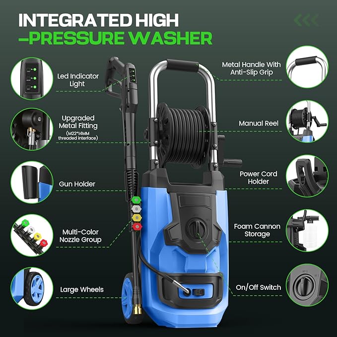 2026 New 𝐏𝐫𝐞𝐬𝐬𝐮𝐫𝐞 𝐖𝐚𝐬𝐡𝐞𝐫 𝟓𝟎𝟎𝟎 𝐏𝐒𝐈 with 3 Levels Adjustable 𝐏𝐫𝐞𝐬𝐬𝐮𝐫𝐞 Gun, Portable Pull-Handle, 4 Nozzles, Heavy Duty 𝐏𝐨𝐰𝐞𝐫 𝐖𝐚𝐬𝐡𝐞𝐫 for Home/Car, Blue