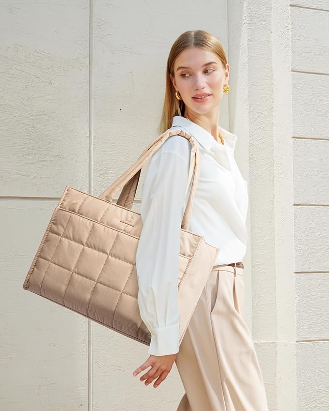 LOVEVOOK Tote Bag for Women, Puffer Work Handbag 15.6 Inch Laptop Purse for Nurse Teacher, Large Quilted Travel Tote Shoulder Bag with Zipper for College Office Clinical Gym, Khaki