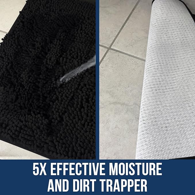 Muddy Mat Chenille Bathroom Rugs Quick Dry Microfiber Mats Non Slip Washable, Extra Thick, Soft and Highly Absorbent Bath Mats for Bathroom, Kitchen, and Shower Floor - Black Medium 30"X19"