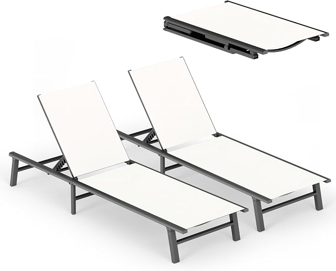 Ciokea Foldable Outdoor Lounge Chair Set of 2, No Assembly Aluminum Chaise Lounge Outdoor with 5 Adjustable Positions, Pool Lounge Chairs with Portable Design for Pool, Deck, Beach, Patio (White)