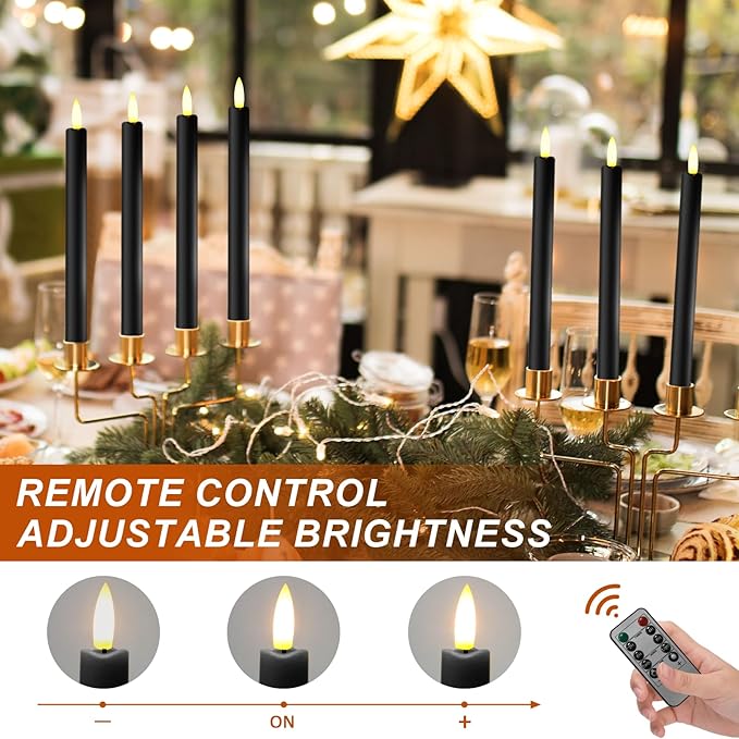6PCS Flameless Taper Candles with 3D Flickering Flame Battery Operated Candles with 2 Remote with Button Cell Battery 10 Inch Black LED Candlesticks Window Candle for Christmas Home Decor