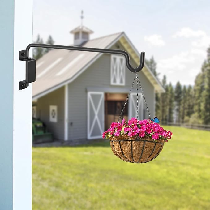 16"Swivel Plant Hanger - 360° Outdoor Hanging Brackets with 12-Directional Adjustable Hook, Rust Resistant Solid Steel Wall Mount for Bird Feeders, Indoor/Outdoor Plants, Garden & Patio, Pack of 2