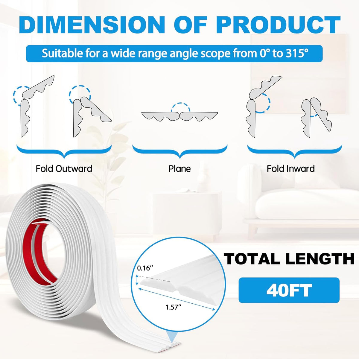 Wall Corner Protector Peel and Stick Corner Trim Molding Flexible Inside & Outside Wall Edge Guard Self Adhesive Moulding Trim for Edge Use, White, 1.6” W x 40’ L