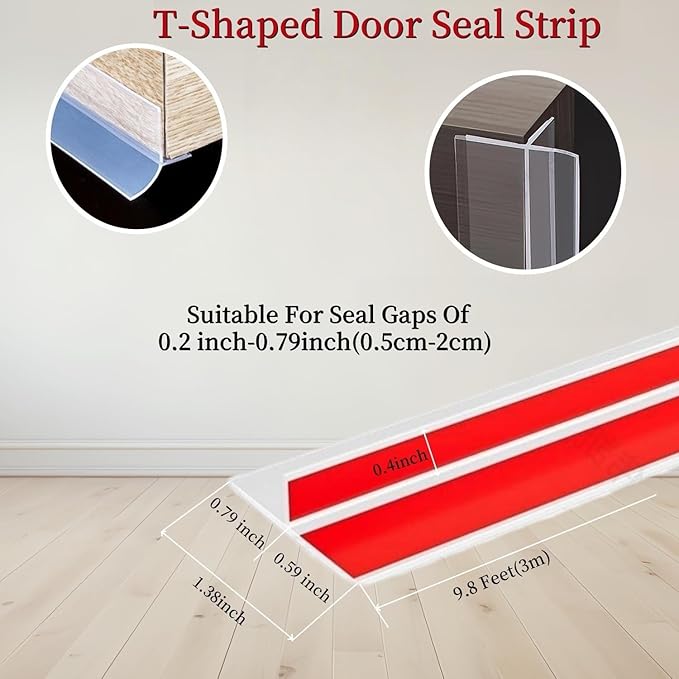 T Shape Door Seal Strip for Door & Windows Gaps，Draft Stopper Bottom Sweep Weather Stripping for Energy Saving, Noise Reduction,Easy Install (Transparent, 1.38" W x 9.8Ft)