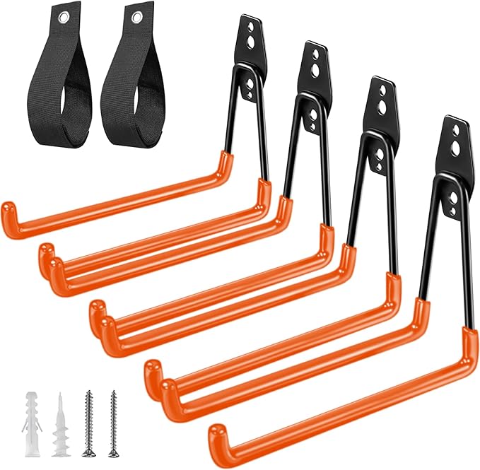 HUPBIPY Heavy Duty Garage Hooks 4 Pack, 7.7 inch U Shaped Long Hanger, with 2 Extension Cord Holder Organizer, Wall Mounted Storage System, for Power and Garden Tool Hanging， Ladders, Bikes, Hose