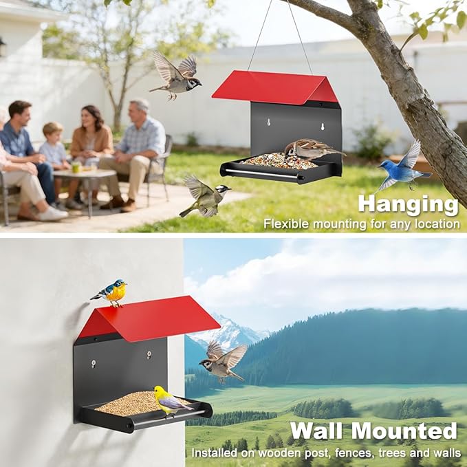 FANHAO Metal Bird Feeder for Outdoor, Hanging & Wall Mounted Wild Bird Feeder with Perch and Drainage Mesh, Weatherproof Hanging Platform Bird House for Attracting Birds, Easy to Clean & Refill