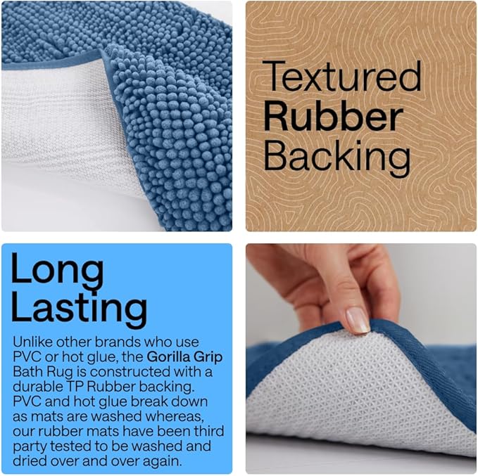 GORILLA GRIP Bath Rug Mat 36x24, Thick Soft Absorbent Chenille, Quick Dry Microfiber Mats, Rubber Backing Washable Shower Floor Rugs, Bathmat Runner, US Designed Bathroom Home Decor Accessories Blue