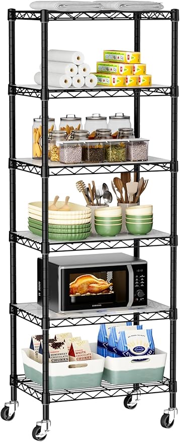 Small 6 Tier Shelves Storage Wire Shelving Unit Metal Shelf Adjustable Organizers Storage Shelving with Wheels for Bathroom Laundry Room Kitchen Pantry12”D x 18”W x 61.6”H Black