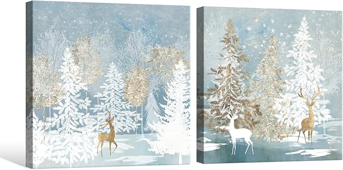 SEVEN WALL ARTS Christmas Wall Art Moose Deer Picture Wall Decor Natural Elk Canvas White Snow Trees Posters Snowflake Winter Blue Decorations for Living Room Farmhouse Bathroom Holiday Decor