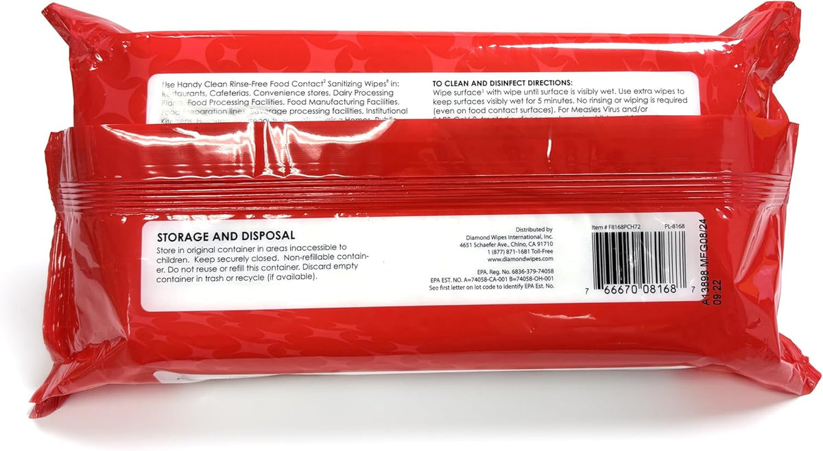 HandyClean Rinse-Free Food Contact Sanitizing Wipes Pouch, Multi Surface Cleaning Supplies for Kitchen and Professional Setting - 12 pack, 864 count