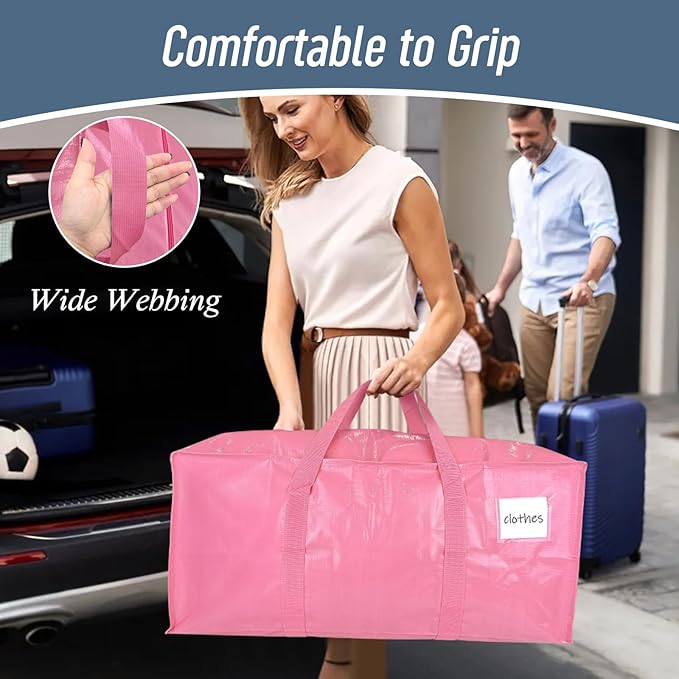 6 Pack Extra Heavy Duty Large Moving Bags with Strong Zipper & Comfortable Handles, Sturdy & Durable Clothes Storage Bags Totes Bins, Packing Moving Boxes for College Supplies, Pink