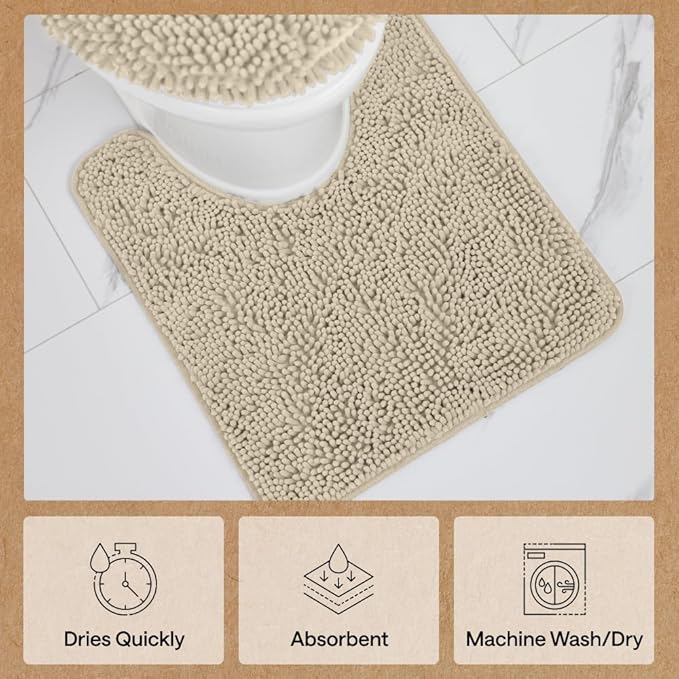 GORILLA GRIP Plush Absorbent Shaggy Chenille Bath Rug Mat for Square Toilet Base with Rubber Backing, Machine Washable Rugs, Soft Microfiber Contour Mats for Toilets, Bathroom Decor, Sand