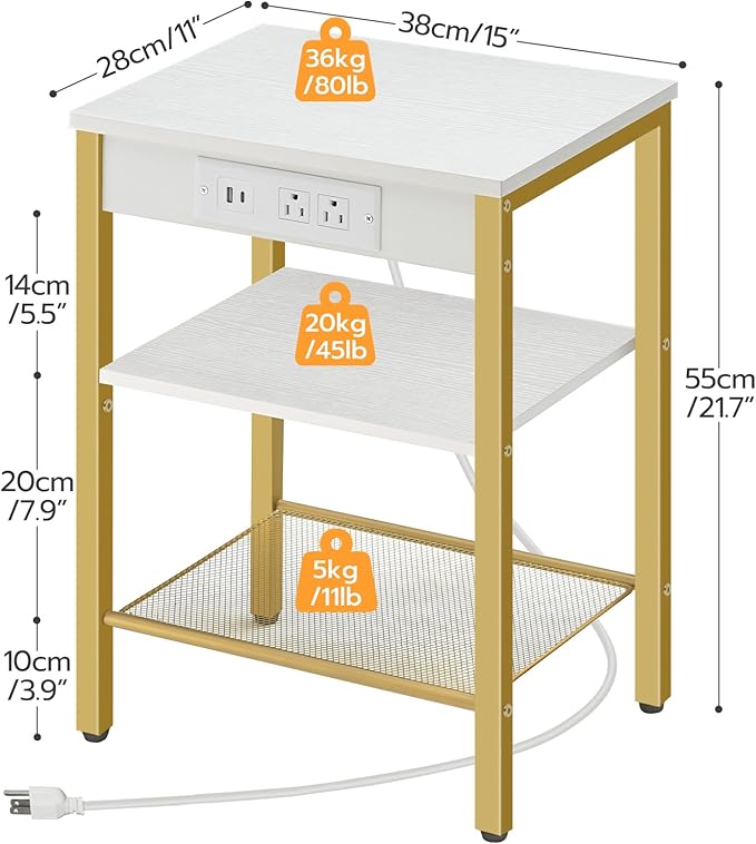 HOOBRO Side Table with Charging Station and USB Port, Small End Table for Small Space, 3-Tier Nightstand with Adjustable Shelf, for Living Room, Bedroom and Balcony, White and Gold DW112BZ01G1