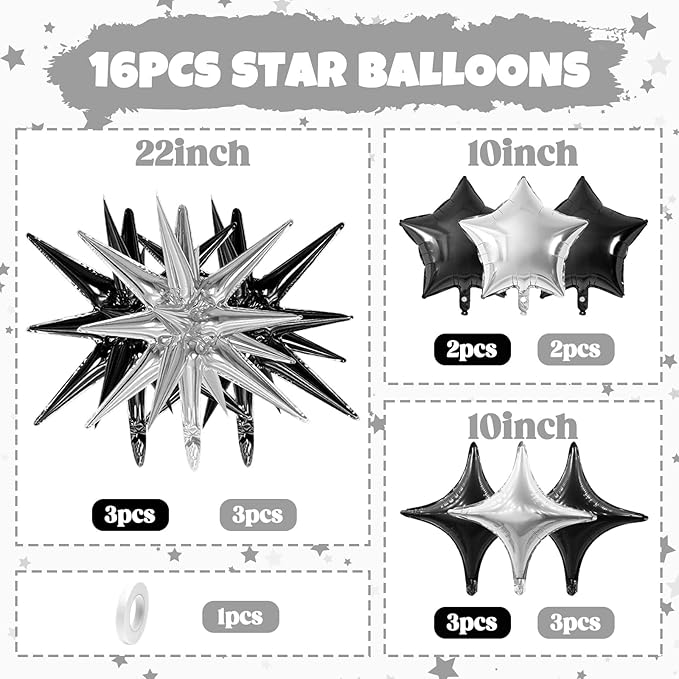 Black Silver Star Balloon,16Pcs Star Foil Balloons Set with 22Inch Explosion Spike Cone Balloons and 10Inch Quadrangle Helium Balloon for Birthday Wedding Baby Shower Party Decorations