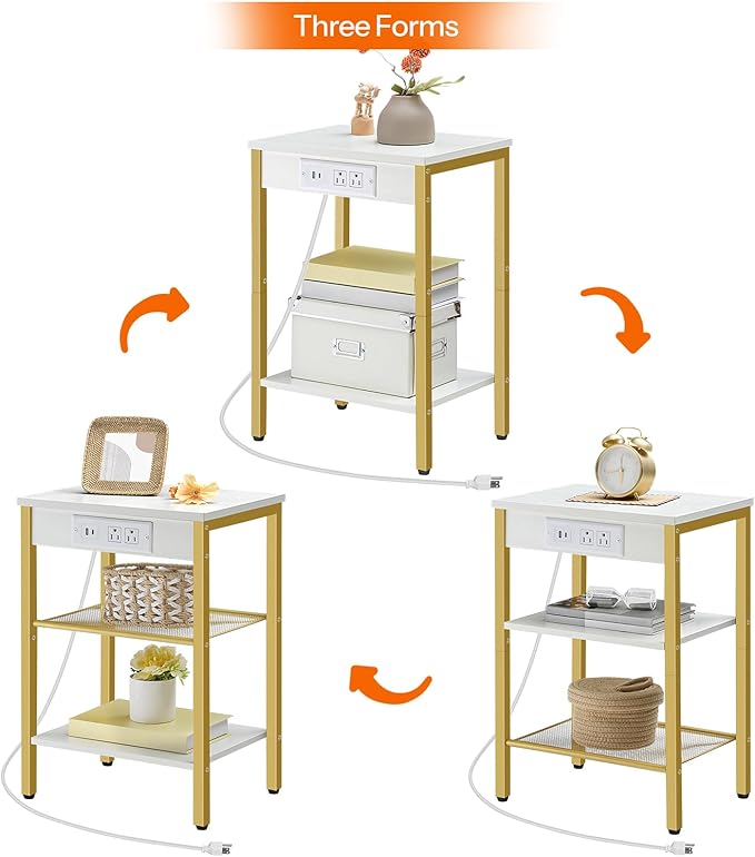 HOOBRO Side Table with Charging Station and USB Port, Small End Table for Small Space, 3-Tier Nightstand with Adjustable Shelf, for Living Room, Bedroom and Balcony, White and Gold DW112BZ01G1