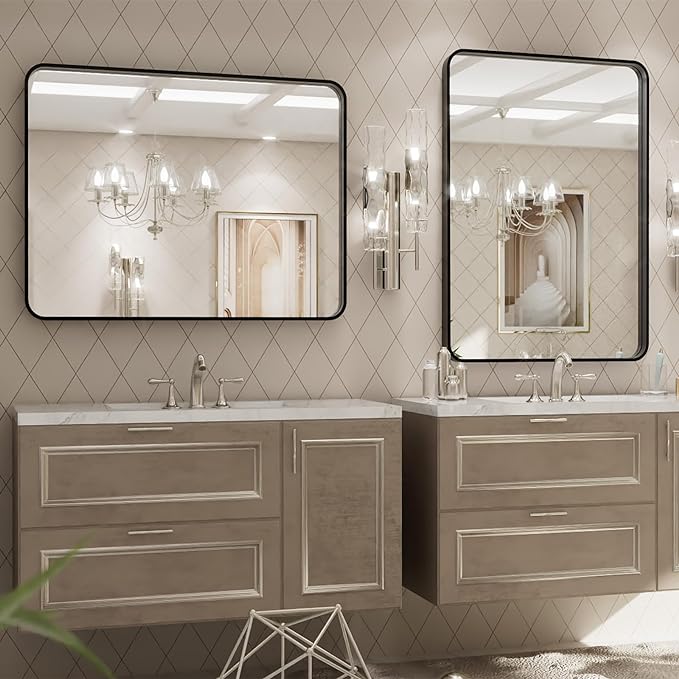 LOAAO 32x36 Inch Black Metal Framed Bathroom Mirror