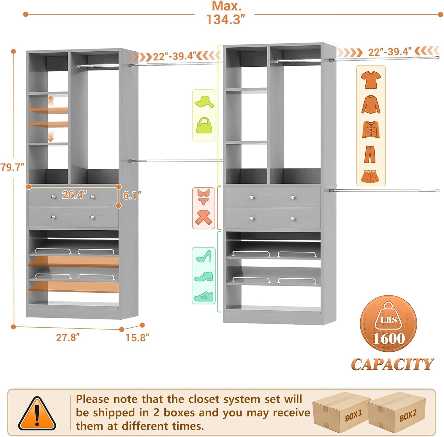 Closet System, Up to 134"/11.2 FT Closet Organizer with 4 Wooden Drawers and Shelves, Walk-in Closet System with 6 Hanging Rods, Built-in Closet Can Fit 96"/8FT, 120"/10FT, Morandi Grey