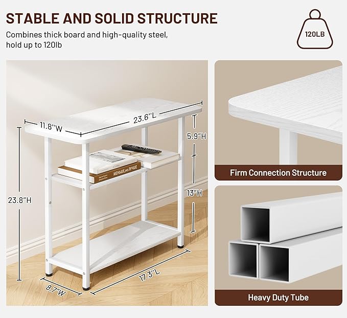 SLEEPING LAMB Side Table for Living Room, 3-Tier End Table for Small Space with Wide Storage Tabletop, Elegant White Narrow Nightstand for Bedroom, Sofa Couch