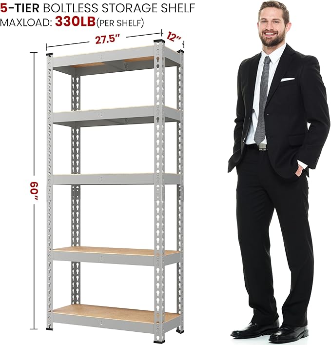 Yaheetech Storage Shelves 5 Tier Garage Shelving Heavy Duty Garage Shelves Adjustable Metal Shelving Unit Utility Rack Industrial Shelving for Warehouse Pantry Closet, 27.5"W x 12"D x 60"H, Light Gray