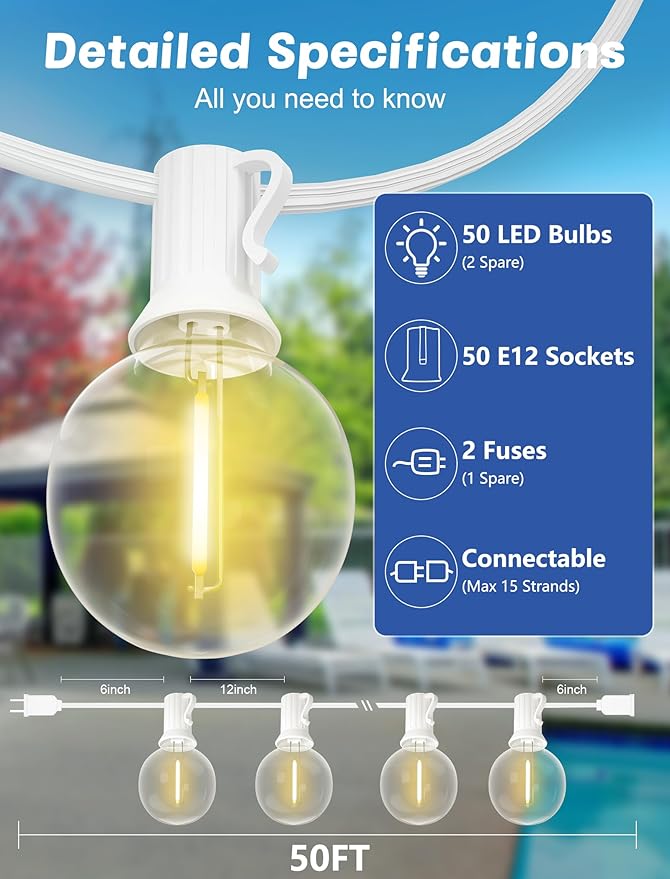 SUNSGNE White String Lights Outdoor, 50FT White Outdoor Lights with 52 G40 Shatterproof LED Bulbs(2 Spare) for Patio Garden Porch Pergola Bistro Outside Decorations, E12 Socket