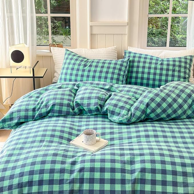 FACE TWO FACE Bedding Duvet Cover Set100% Washed Cotton Duvet Cover Linen Like Textured Breathable Durable Soft Comfy (Queen, Blue Green Grid)