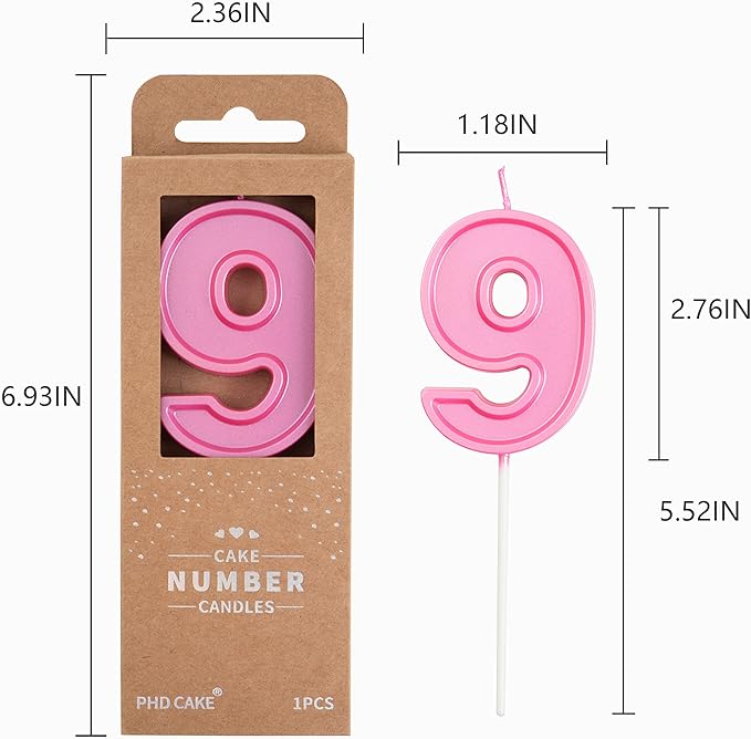 PHD CAKE 2.76 Inch Luxe Pink 9 Number Birthday Candles, Pinkk Number Candle, Cake Number Candles, Party Celebration