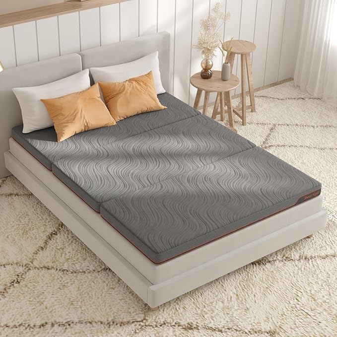 Sweetnight Trifolding Mattress with Storage Bag - 4 Inch Grey Full Size Memory Foam Mattress with Washable Cover | Foldable Memory Foam Topper Portable for RV, Travel, Guest Bed