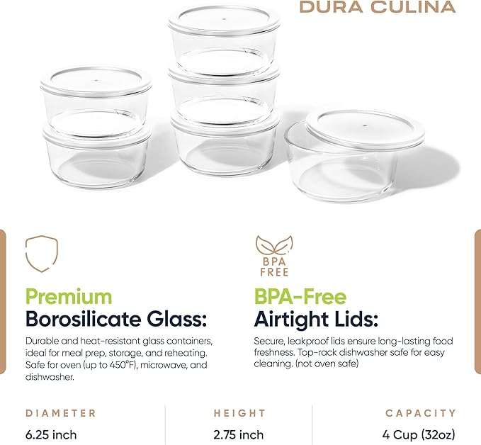 12-Piece Glass Food Storage Containers Set (6 Containers + 6 BPA-Free Lids) | 4-Cup, Leakproof | Microwave, Freezer, Oven & Dishwasher Safe | Ideal for Meal Prep & Pantry Organization